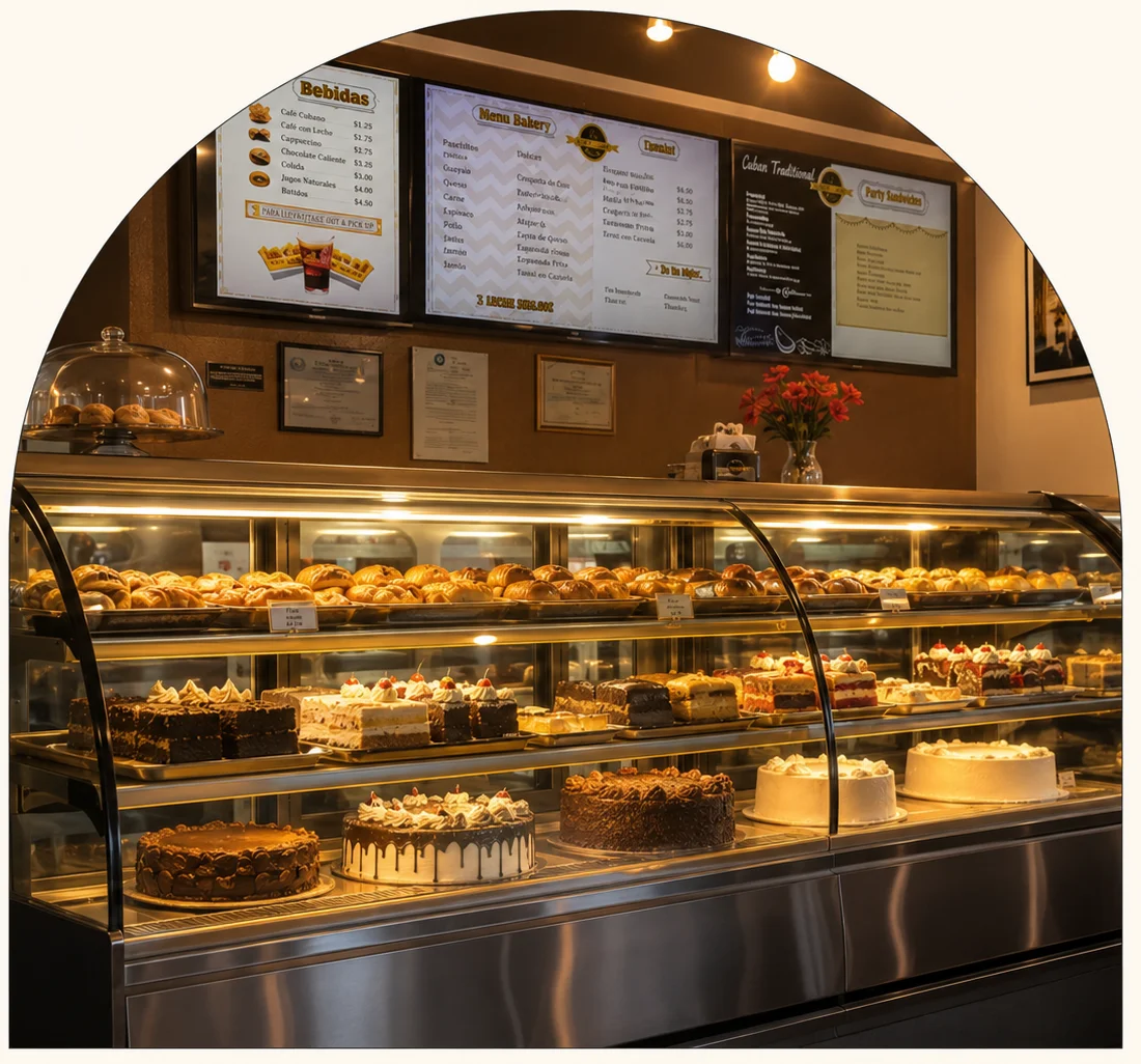 Azucar Cuban Bakery storefront and Cuban bakery counter in Houston